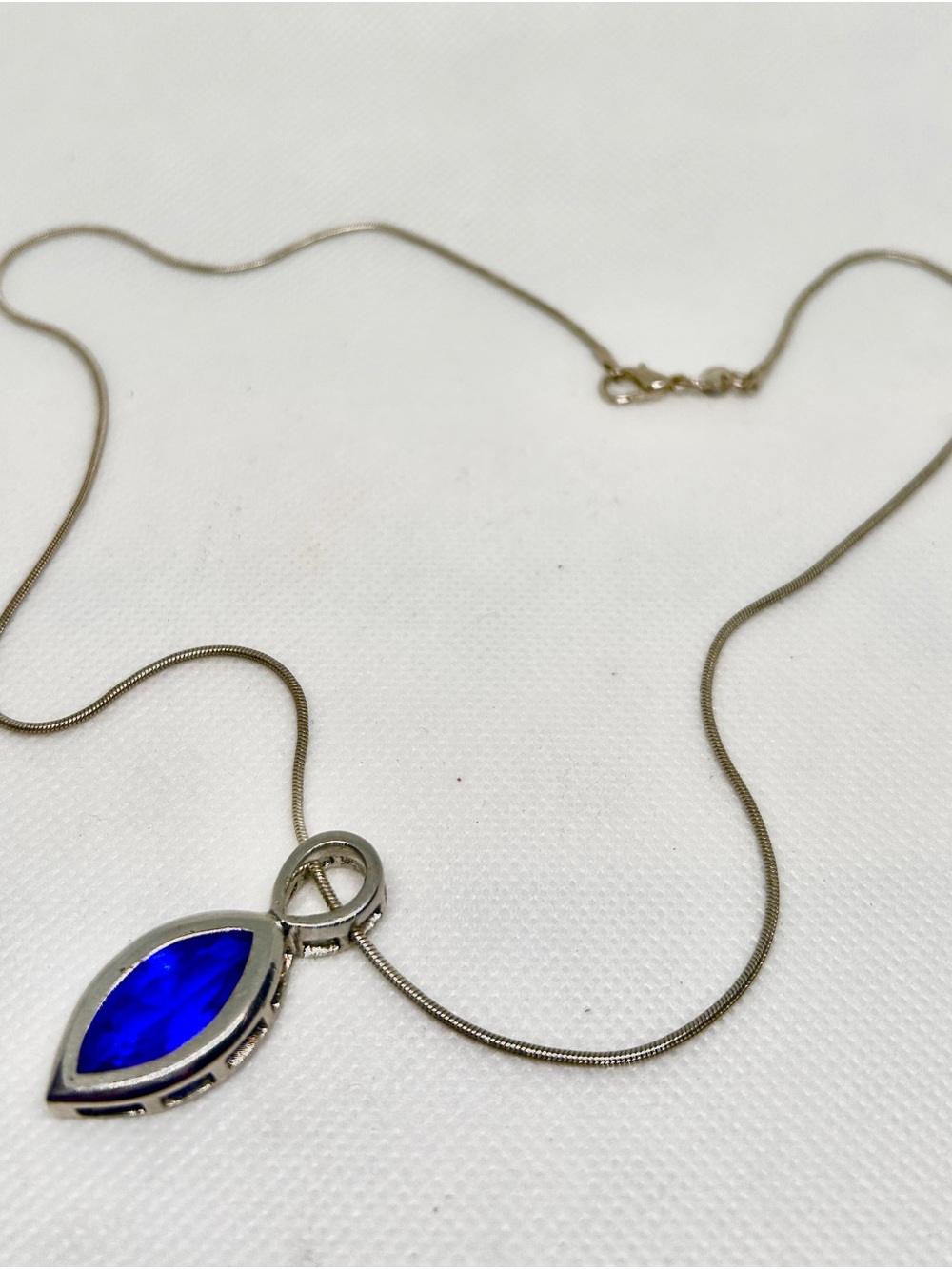 Silver Necklace with Deep Blue Marquise Pendant